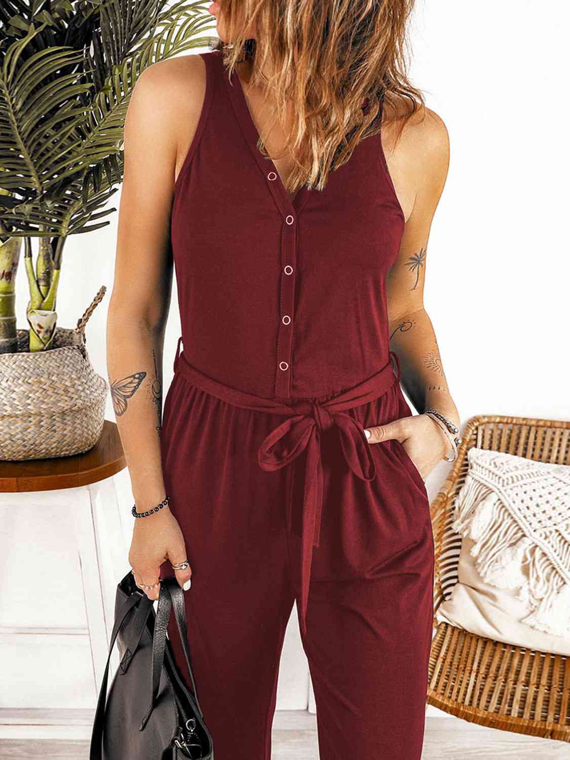 Full Size Tie Waist Sleeveless Jumpsuit with Pockets (5 Colors)  Krazy Heart Designs Boutique Brick Red S 