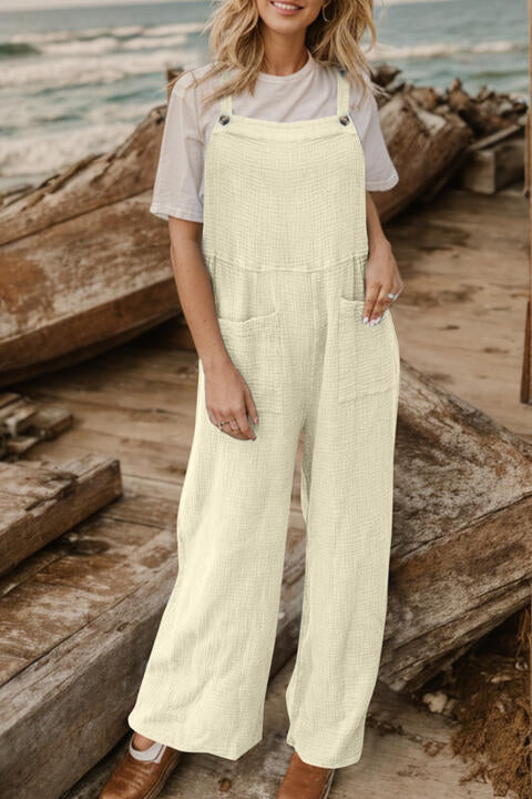 Full Size Wide Leg Front Pocket Jumpsuit (4 Colors)  Krazy Heart Designs Boutique Cream S 