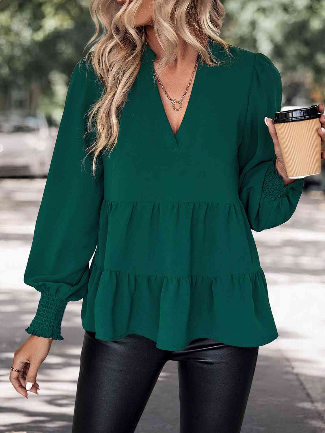 Notched Neck Lantern Sleeve Blouse  Krazy Heart Designs Boutique Green S 