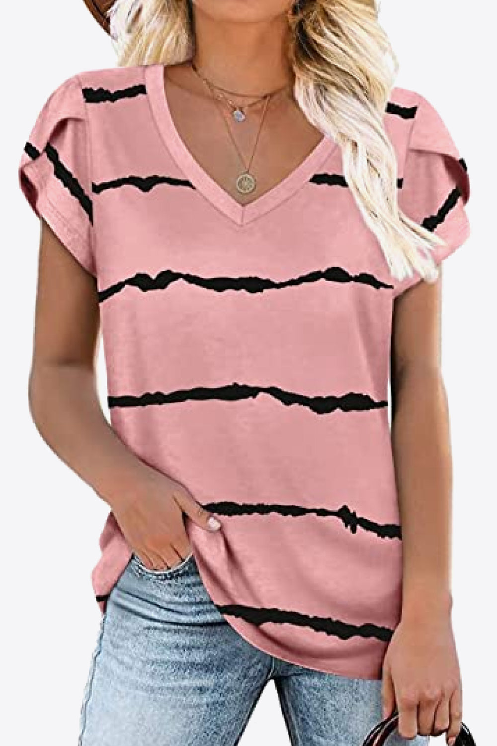 Printed Petal Sleeve V-Neck Blouse (12 Color Styles)  Krazy Heart Designs Boutique Blush Pink S 