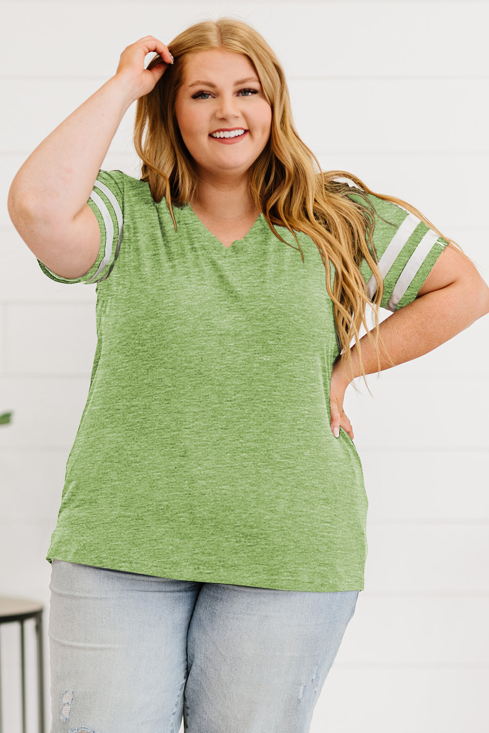 Plus Size Striped V-Neck Tee Shirt (10 Colors)  Krazy Heart Designs Boutique Lime 1X 