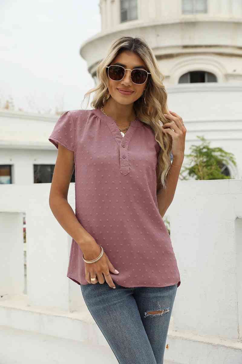 Swiss Dot Notched Neck Short Sleeve Top (9 Colors)  Krazy Heart Designs Boutique Moonlit Mauve S 