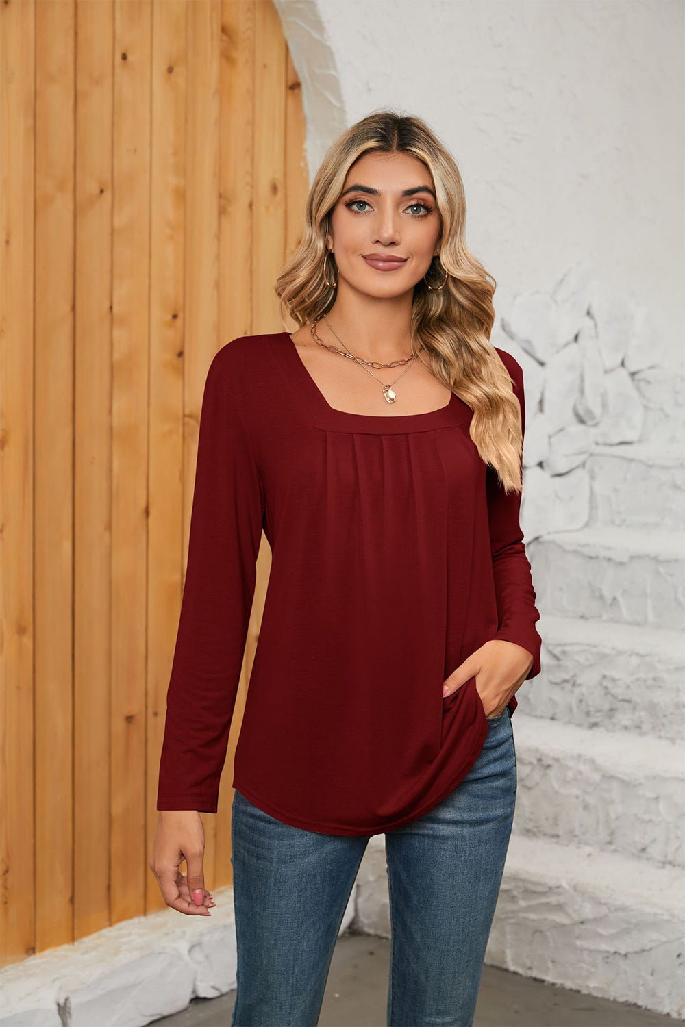 Square Neck Long Sleeve Top (7 Colors) Shirts & Tops Krazy Heart Designs Boutique Wine S 