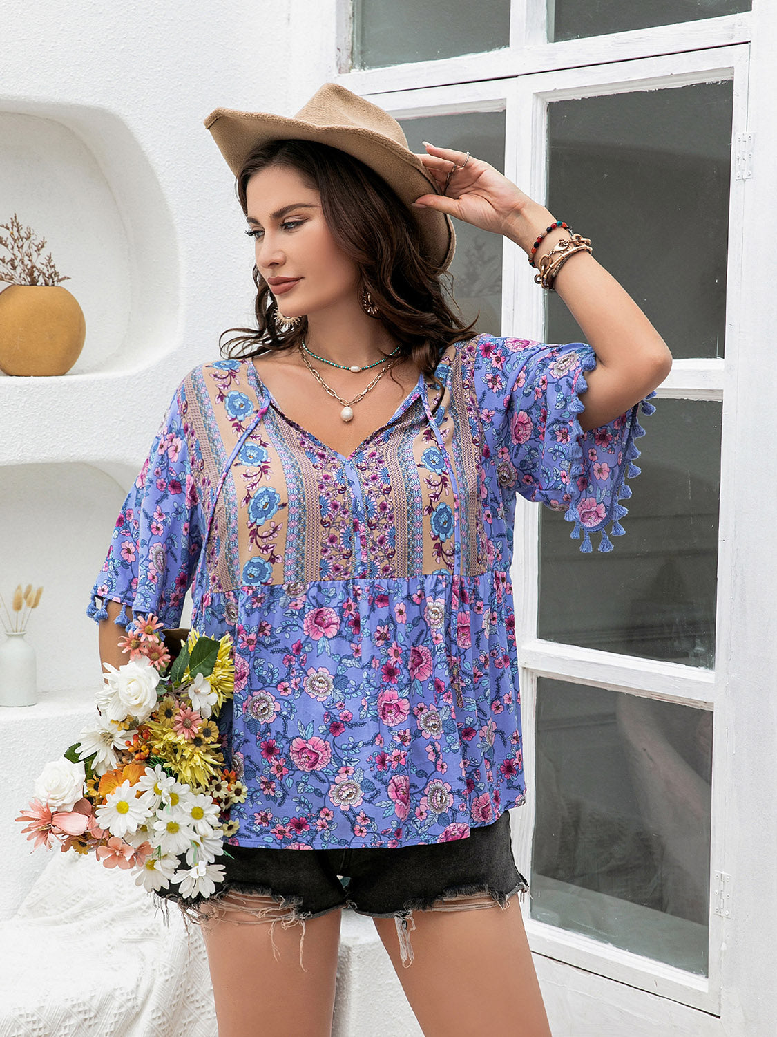 Plus Size Printed V-Neck Half Sleeve Blouse (2 Colors)  Krazy Heart Designs Boutique   