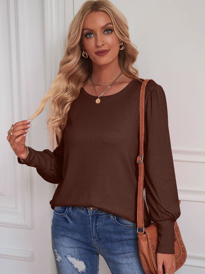 Round Neck Lantern Sleeve Blouse (7 Colors) Shirts & Tops Krazy Heart Designs Boutique Chocolate S 