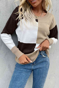 Color Block Ribbed Trim Round Neck Knit Pullover (7 Colors) Shirts & Tops Krazy Heart Designs Boutique   