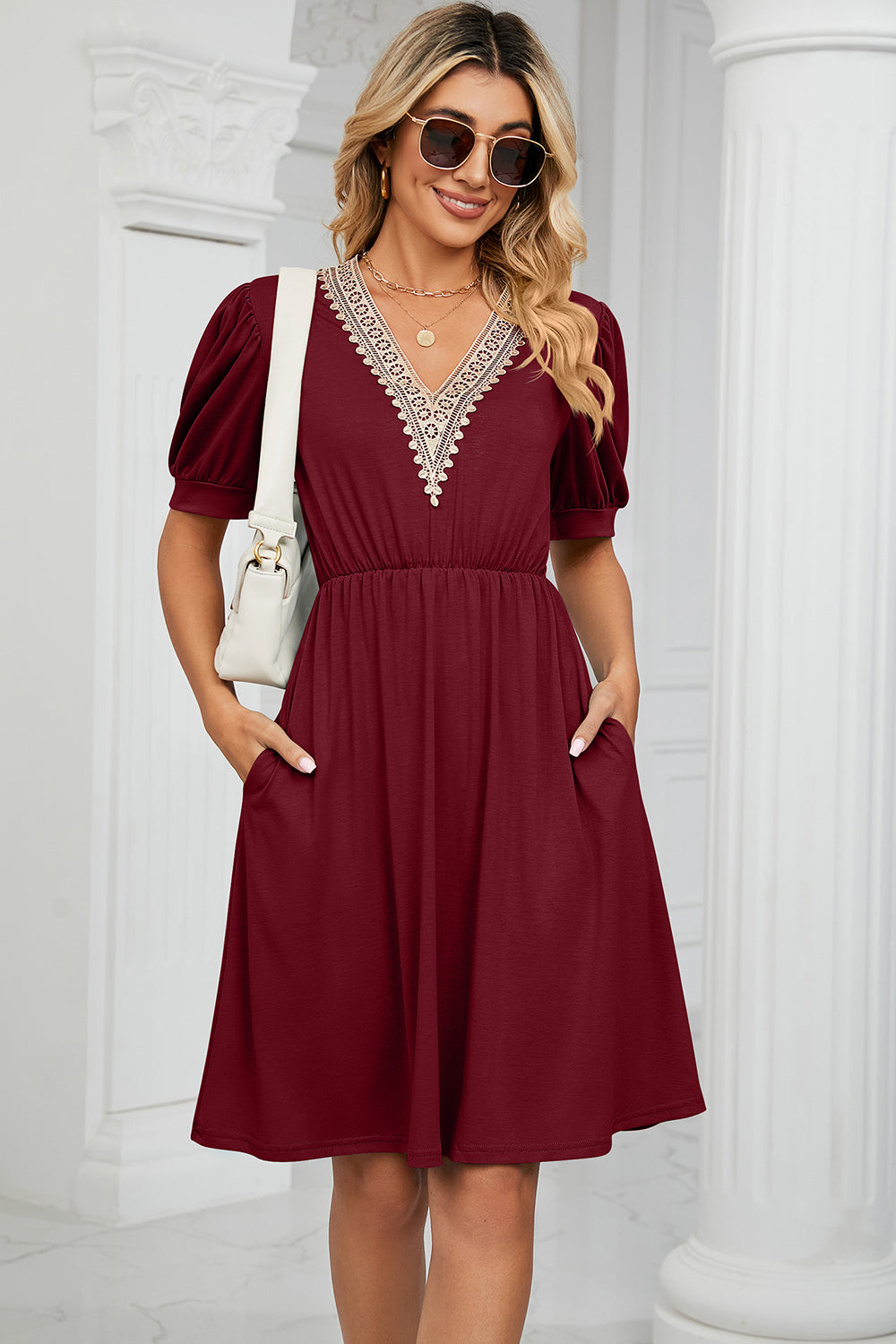 V-Neck Puff Sleeve Dress (8 Colors) Dress Krazy Heart Designs Boutique   