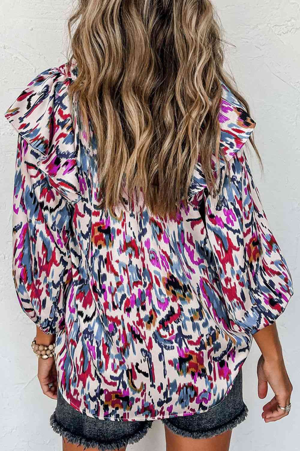 Printed Notched Neck Ruffled Blouse (3 Colors)  Krazy Heart Designs Boutique   