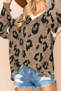 Leopard Print V-Neck Dropped Shoulder Blouse Shirts & Tops Krazy Heart Designs Boutique   
