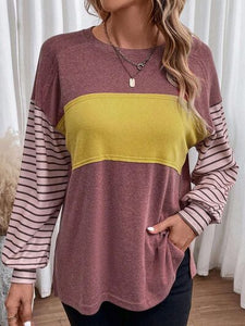 Round Neck Striped Long Sleeve Slit T-Shirt (5 Colors) Shirts & Tops Krazy Heart Designs Boutique Light Mauve S 