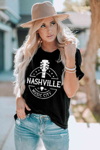 Western NASHVILLE MUSIC CITY Cuffed Graphic Tee Shirt Shirts & Tops Krazy Heart Designs Boutique Black S 