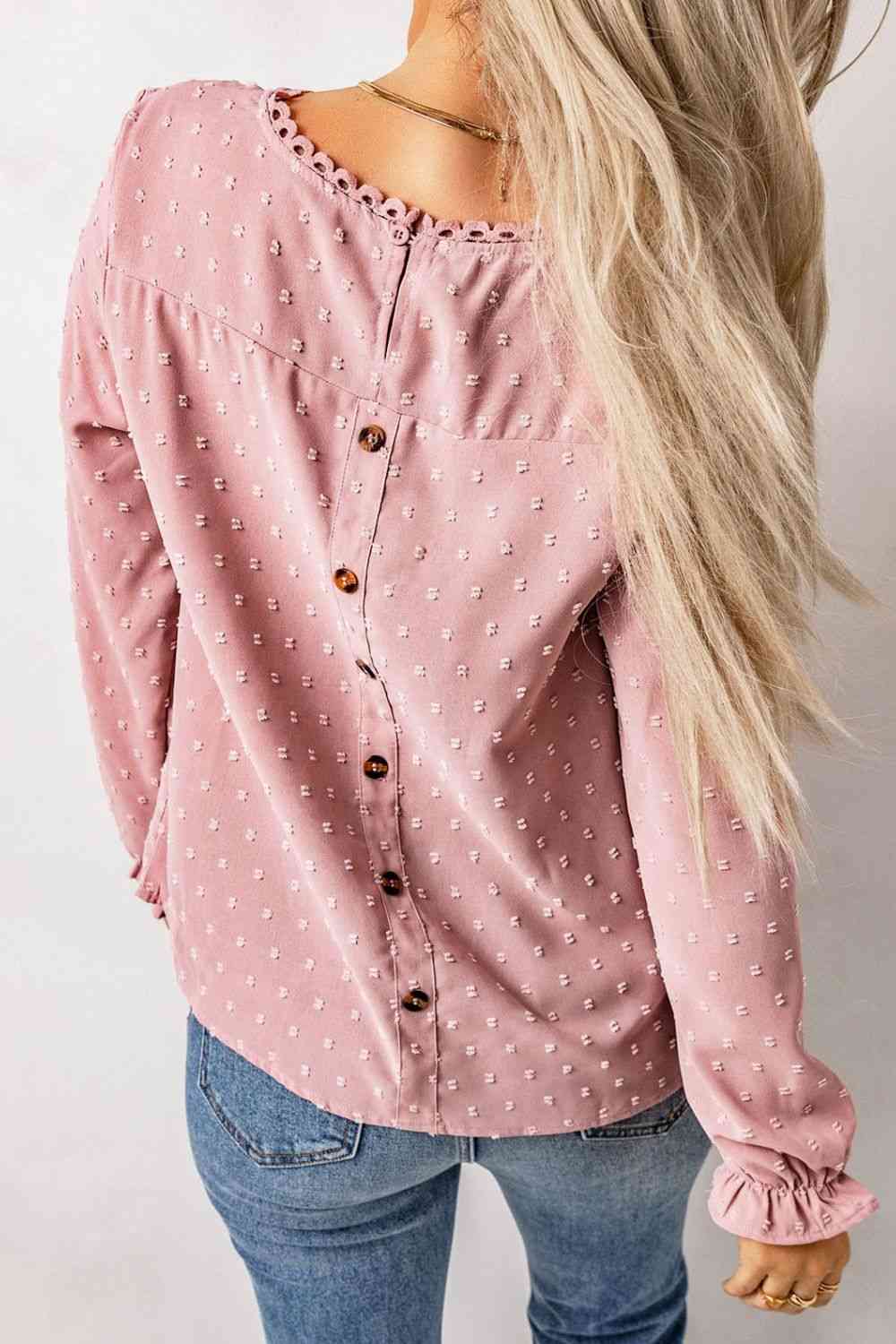 Swiss Dot Flounce Sleeve Button Detail Blouse Shirts & Tops Krazy Heart Designs Boutique   