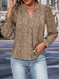 Leopard Notched Neck Puff Sleeve Blouse  Krazy Heart Designs Boutique Khaki S 