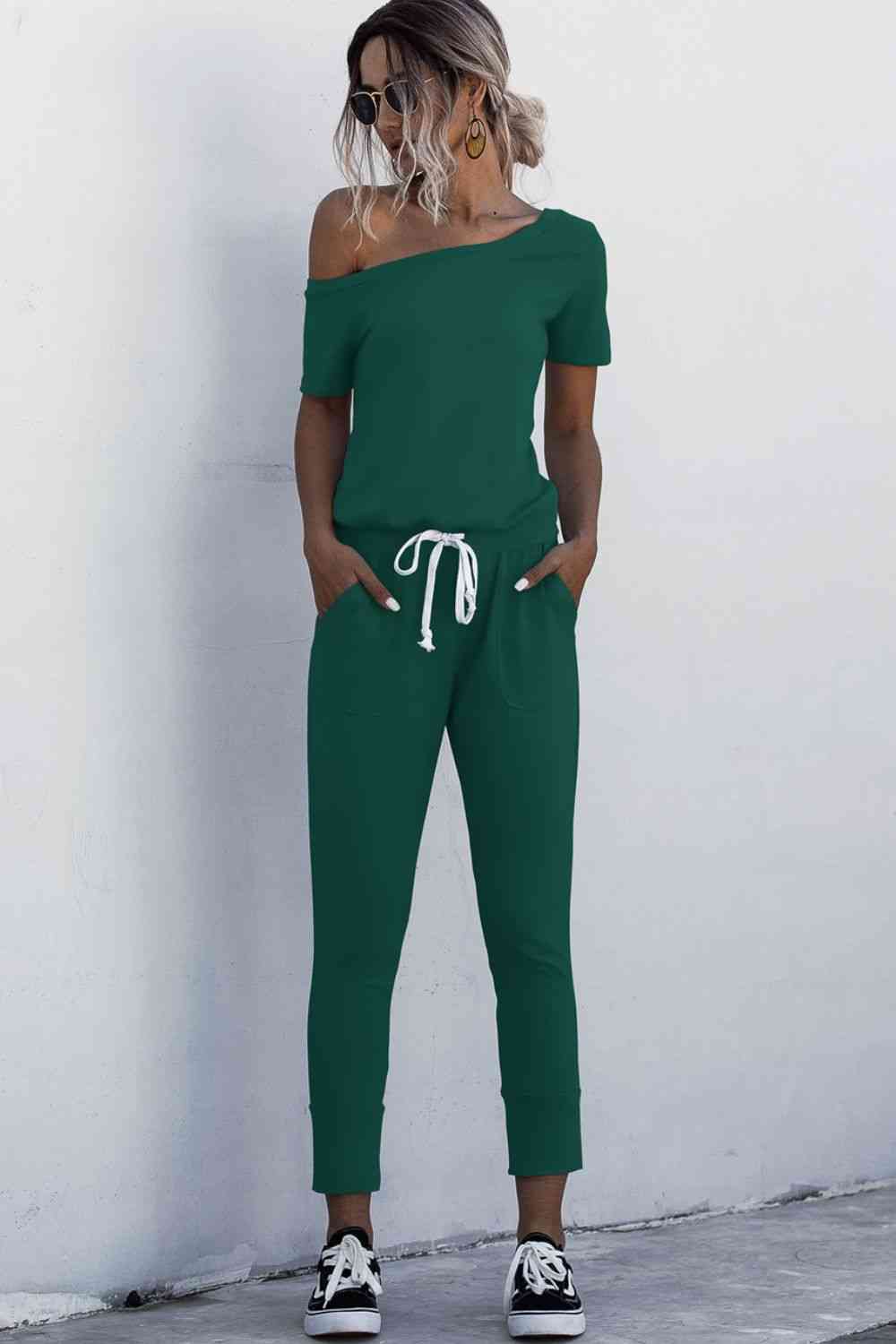 Asymmetrical Neck Tied Jumpsuit with Pockets (4 Colors)  Krazy Heart Designs Boutique Forest S 