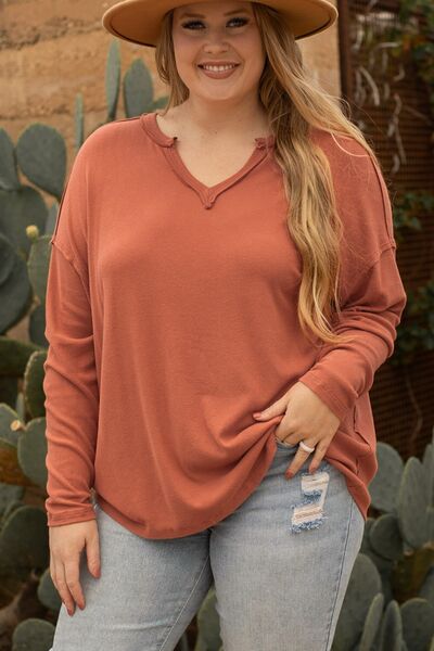 Plus Size Notched Long Sleeve V Neck T-Shirt Shirts & Tops Krazy Heart Designs Boutique Ochre 1XL 