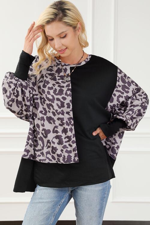 Leopard Print Round Neck Lantern Sleeve Slit Sweatshirt Shirts & Tops Krazy Heart Designs Boutique   