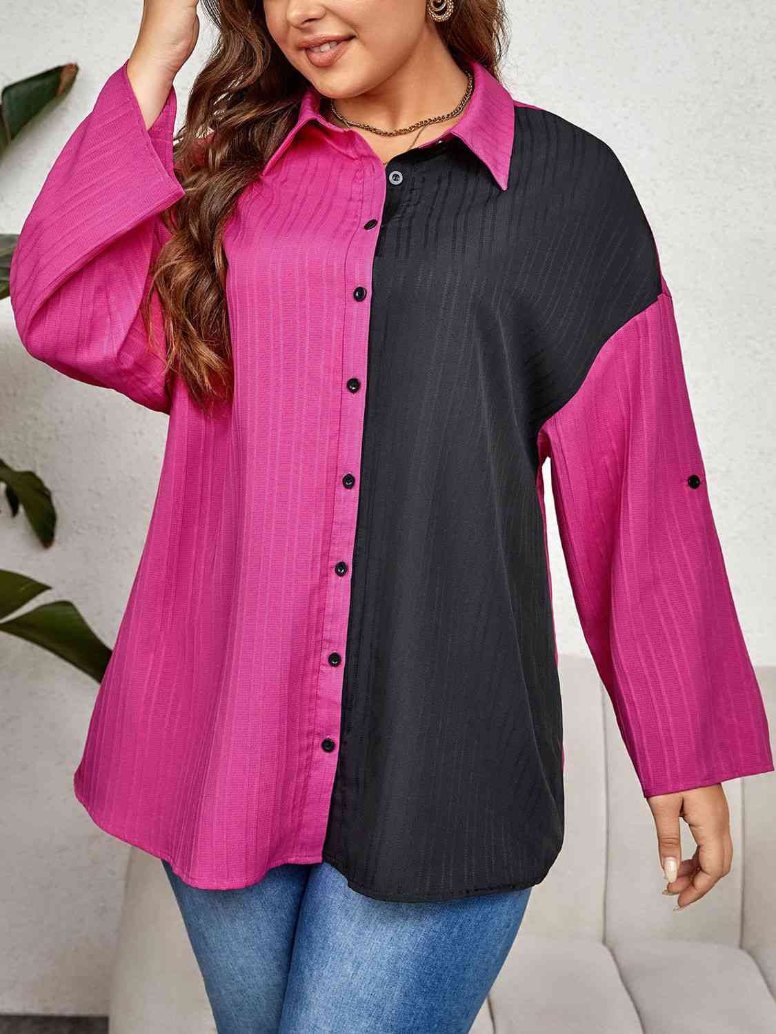 Plus Size Contrast Color Roll-Tap Sleeve Shirt Shirts & Tops Krazy Heart Designs Boutique   