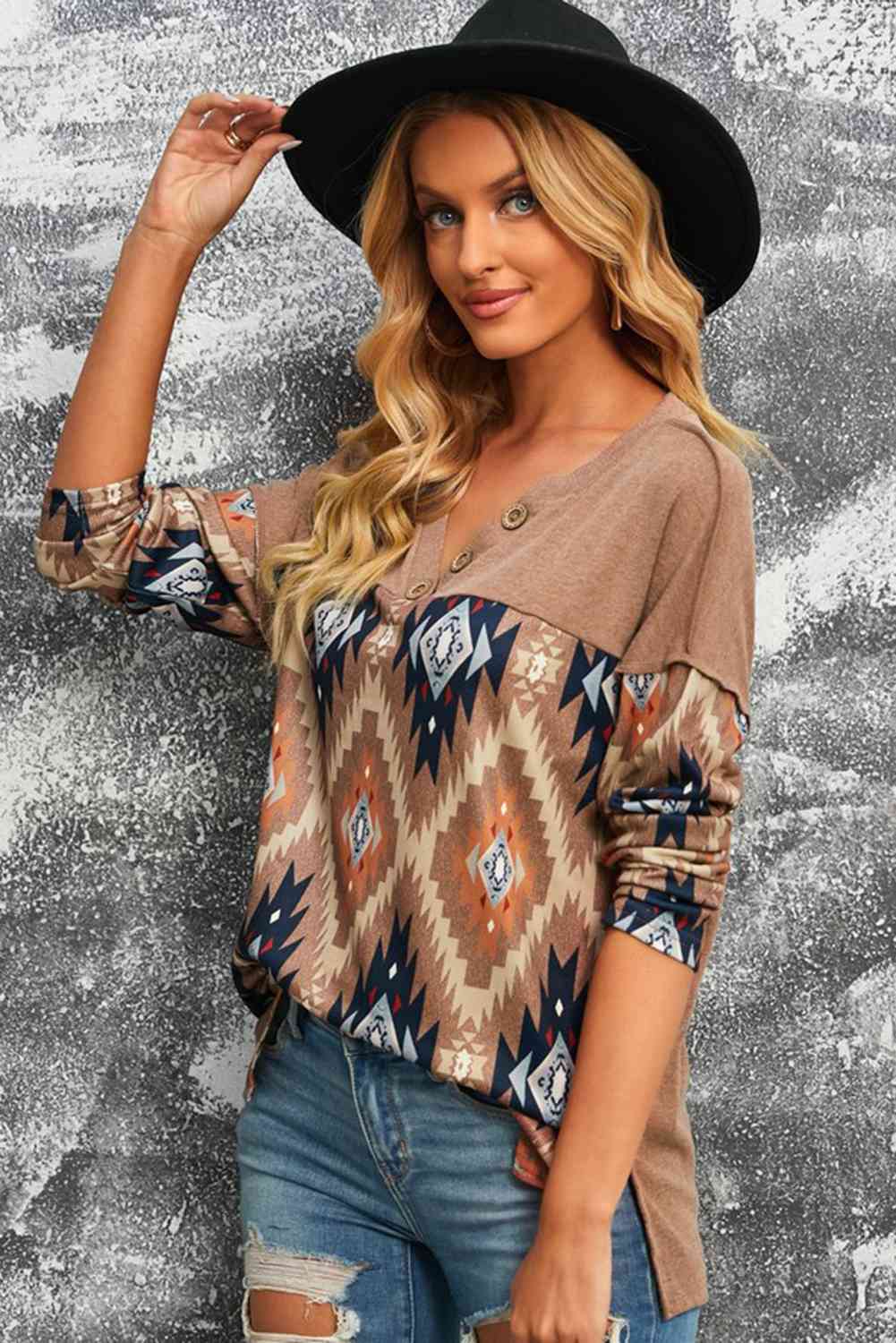 Brown Western Print Buttoned V Neck Top  Krazy Heart Designs Boutique   