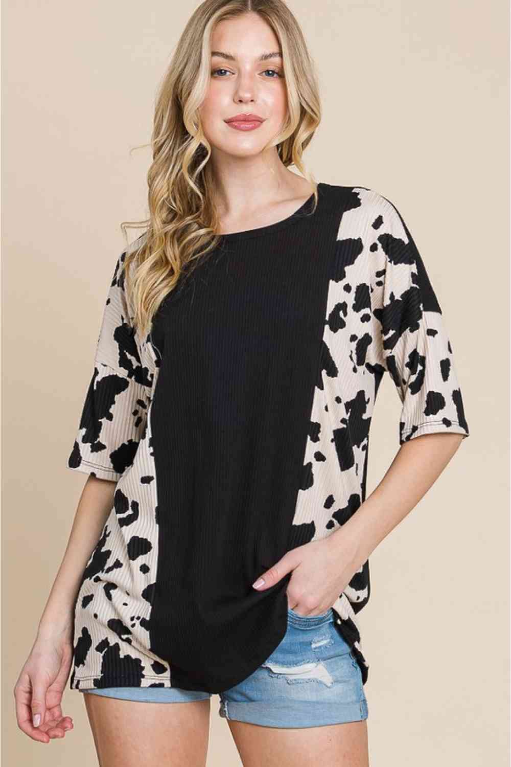 BOMBOM Rodeo Love Ribbed Animal Contrast Tee  Krazy Heart Designs Boutique Black S 