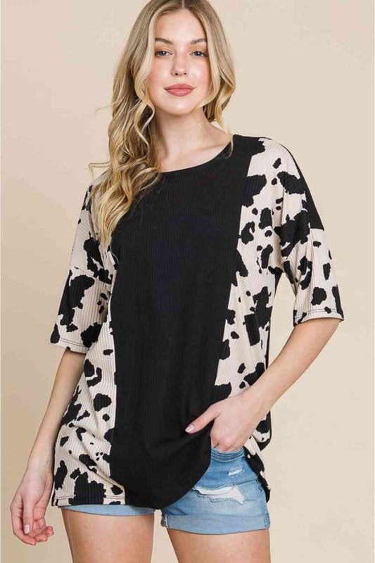 BOMBOM Rodeo Love Ribbed Animal Contrast Tee  Krazy Heart Designs Boutique Black S 