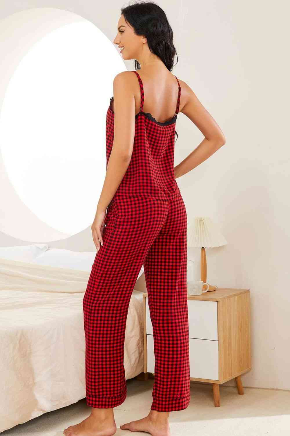 Plaid Lace Trim Cami and Drawstring Pants Pajama Set Loungewear Krazy Heart Designs Boutique   