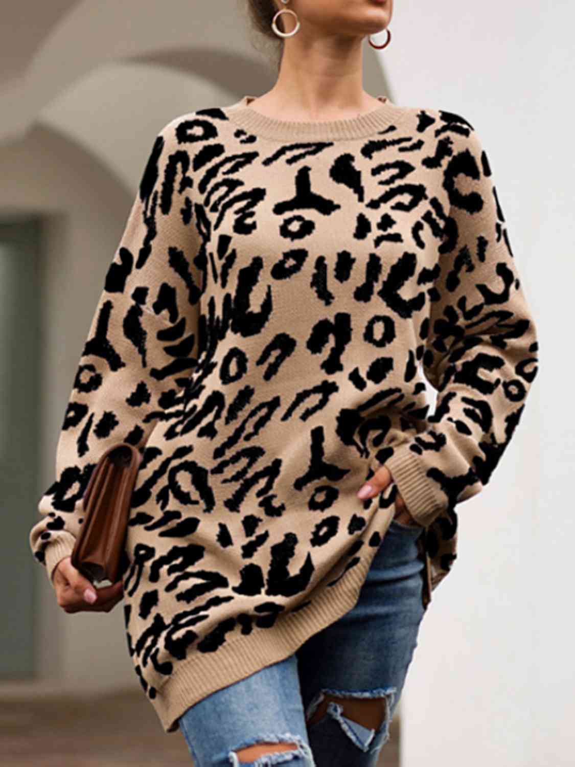 Leopard Round Neck Tunic Sweater(3 Colors) Shirts & Tops Krazy Heart Designs Boutique Camel S 