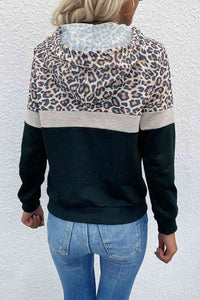 Leopard Color Block Long Sleeve Drawstring Hoodie Shirts & Tops Krazy Heart Designs Boutique   