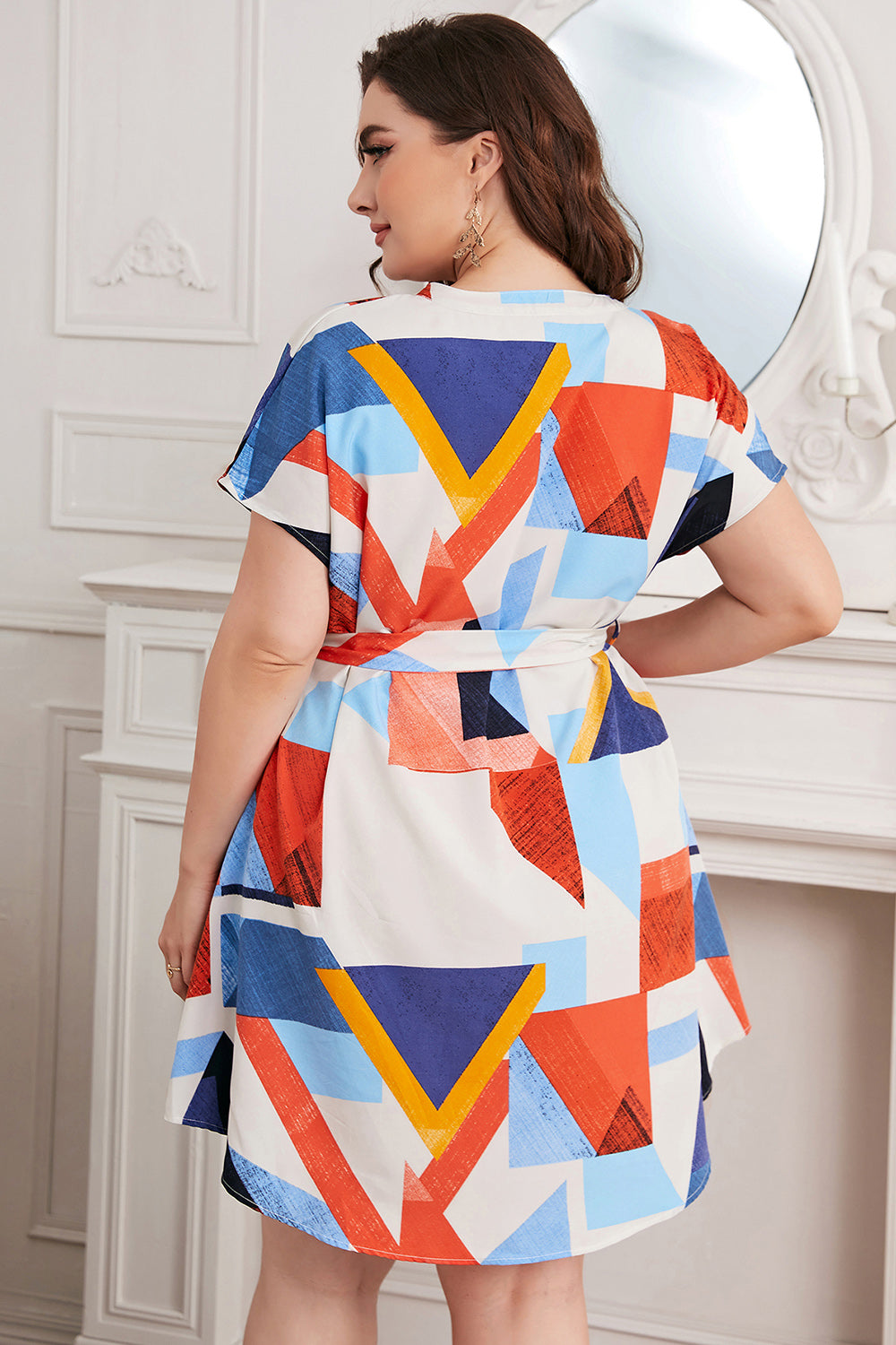 Plus Size Geometric Print Notched Neck Tie Waist Dress  Krazy Heart Designs Boutique   