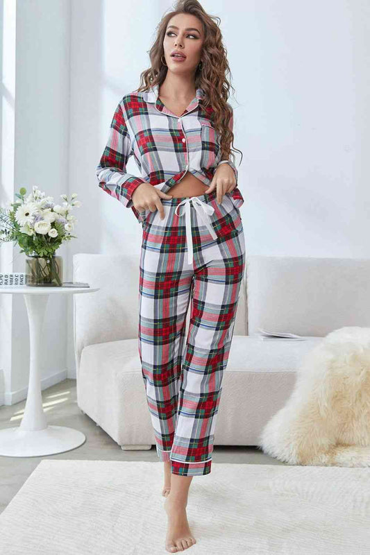 Plaid Button Front Top and Pants Lounge Set Loungewear Krazy Heart Designs Boutique Plaid XS 