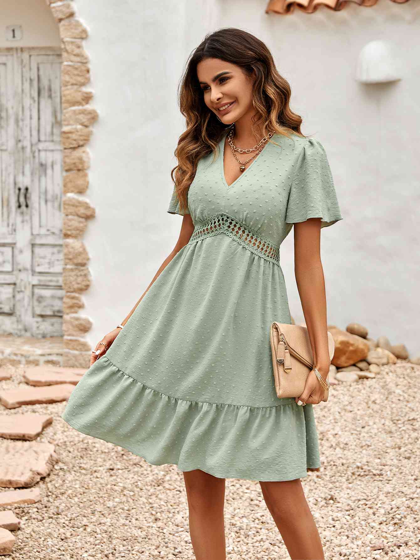 Swiss Dot V-Neck Openwork Puff Sleeve Dress (3 Colors)  Krazy Heart Designs Boutique   