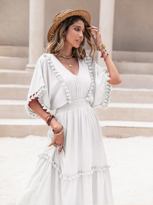 Tassel Trim Smocked V-Neck Short Sleeve Dress (7 Colors) Dress Krazy Heart Designs Boutique White S 