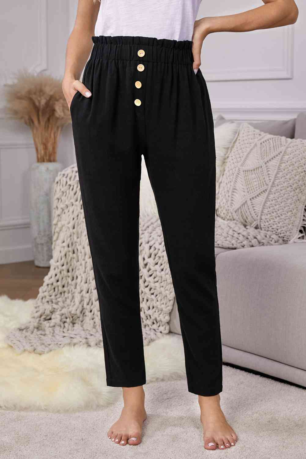 Linen Blend Pocketed Pants (2 Colors)  Krazy Heart Designs Boutique Black S 