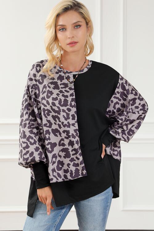 Leopard Print Round Neck Lantern Sleeve Slit Sweatshirt Shirts & Tops Krazy Heart Designs Boutique Black S 