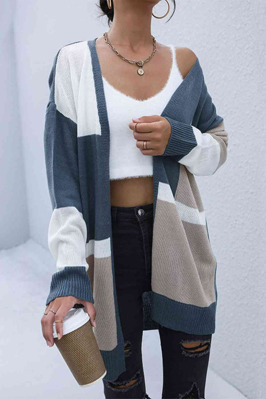 Color Block Dropped Shoulder Cardigan  k Blue/Khaki S 