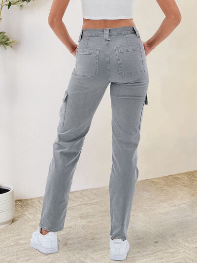 Buttoned Straight Jeans with Cargo Pockets pants Krazy Heart Designs Boutique   