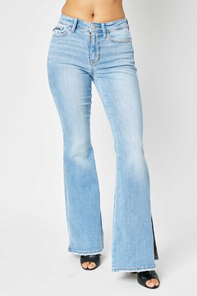 Judy Blue Full Size Mid Rise Raw Hem Slit Flare Jeans pants Krazy Heart Designs Boutique Medium 1(25) 