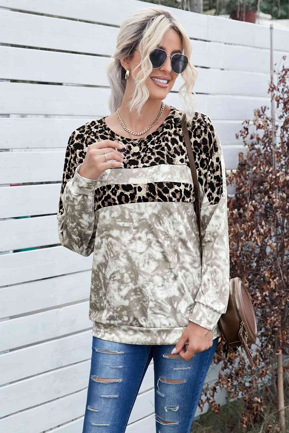 Tie-Dye Leopard Print Round Neck Sweatshirt Shirts & Tops Krazy Heart Designs Boutique Leopard S 