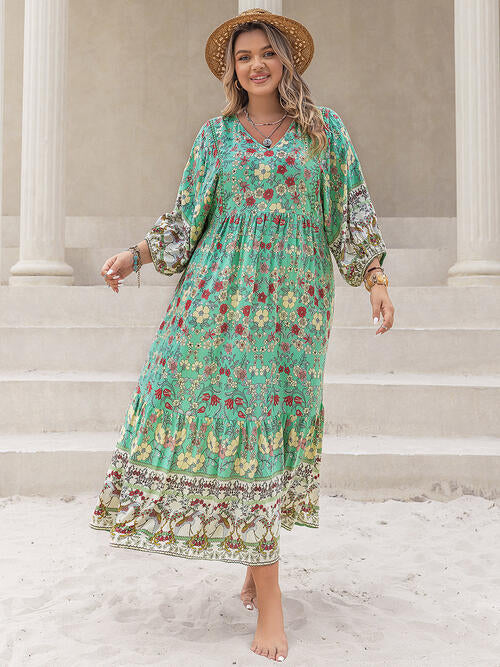 Plus Size Floral V-Neck Balloon Sleeve Midi Dress (5 Colors)  Krazy Heart Designs Boutique Mid Green 0XL 