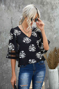 Botanical Print V-Neck Puff Sleeve Blouse Shirts & Tops Krazy Heart Designs Boutique Black S 