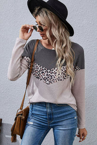 Leopard Color Block Waffle-Knit Long Sleeve Top  Krazy Heart Designs Boutique   