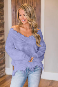 Frayed Hem Dropped Shoulder Sweater (10 Colors) Shirts & Tops Krazy Heart Designs Boutique   