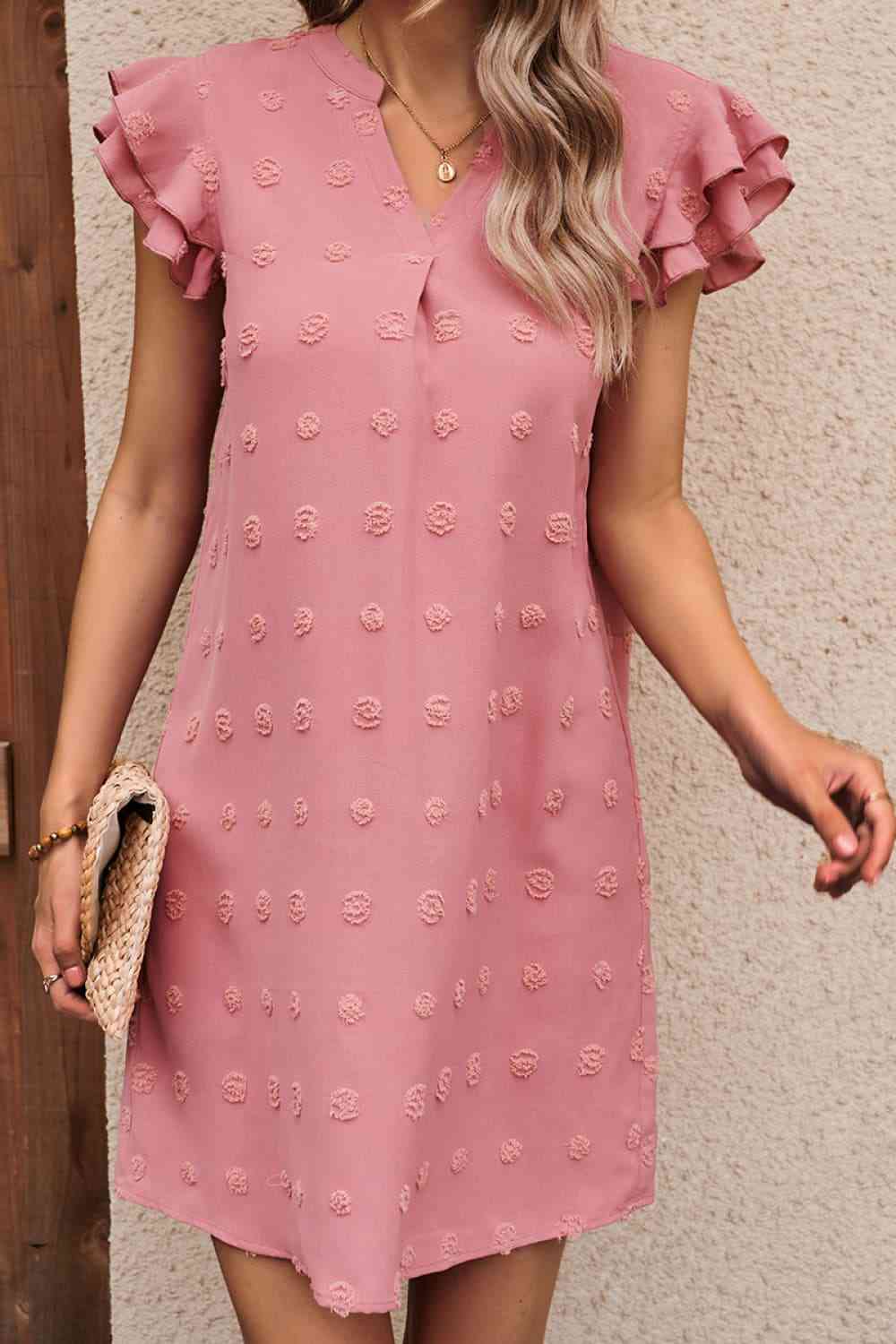 Swiss Dot Notched Neck Flutter Sleeve Dress  Krazy Heart Designs Boutique   