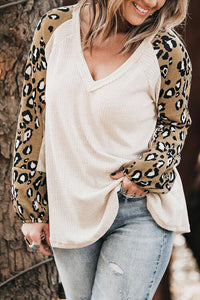 Plus Size Leopard Print V-Neck Raglan Sleeve Blouse Shirts & Tops Krazy Heart Designs Boutique White 1XL 