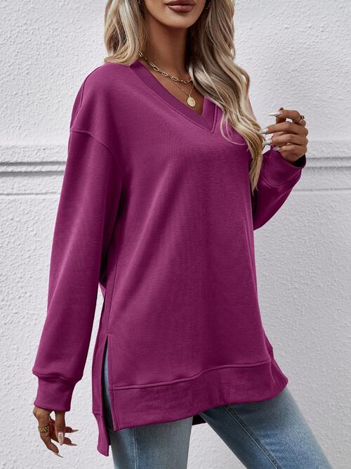 V-Neck Slit Long Sleeve Sweatshirt (9 Colors) Shirts & Tops Krazy Heart Designs Boutique Magenta S 