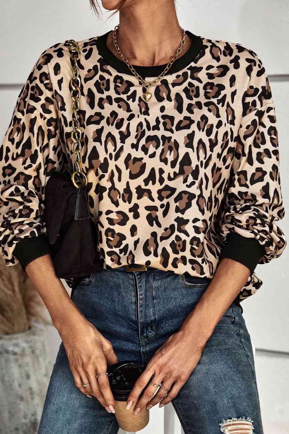 Leopard Print Round Neck Dropped Shoulder Sweatshirt (2 Colors) Shirts & Tops Krazy Heart Designs Boutique   