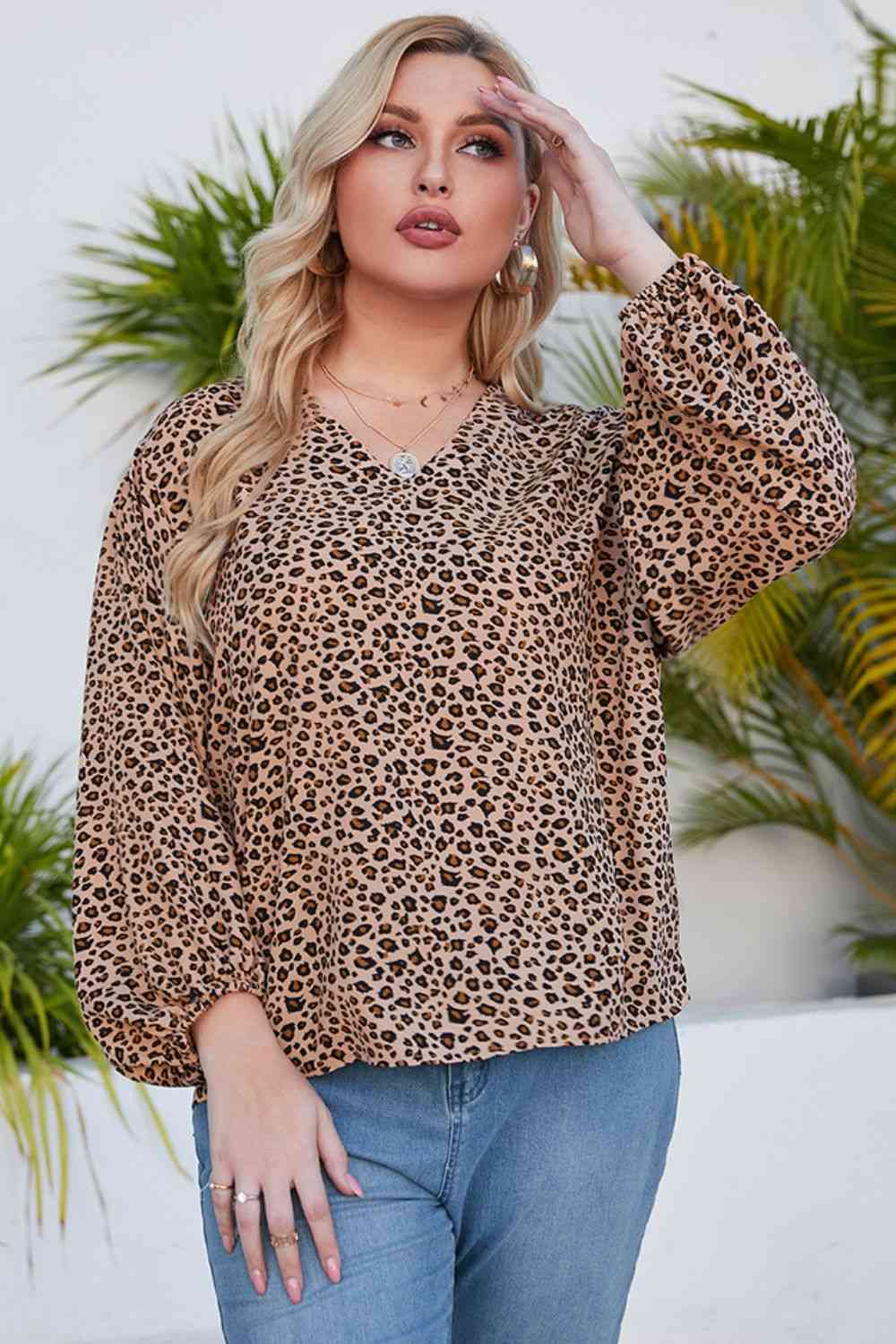 Plus Size Animal Print Balloon Sleeve V-Neck Blouse  Krazy Heart Designs Boutique Camel XL 