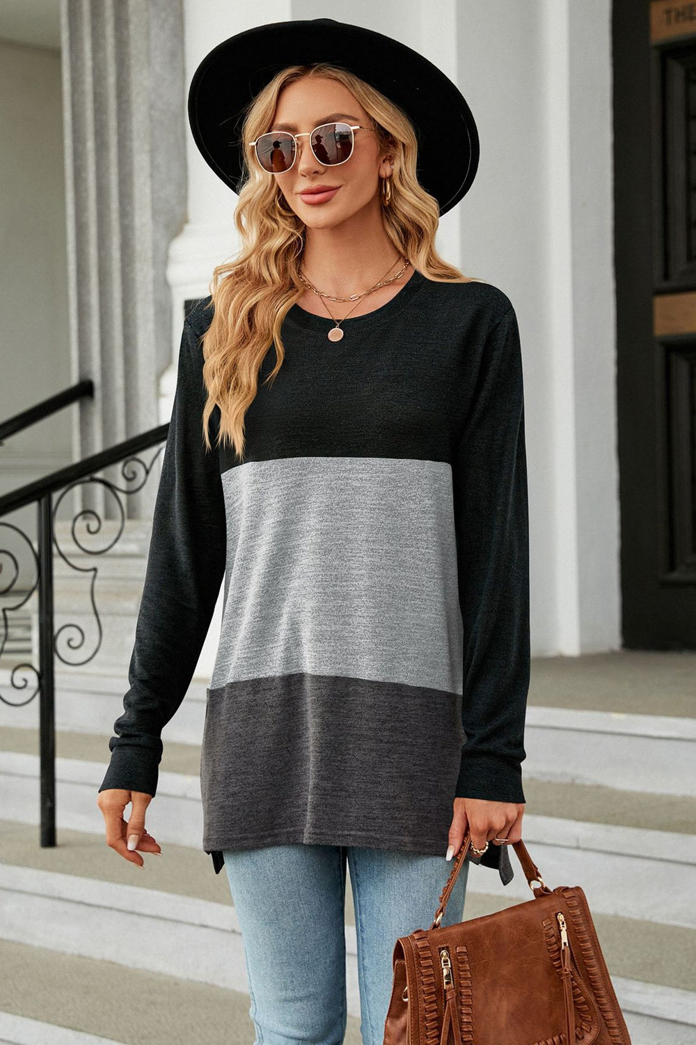 KHD Color Block Round Neck Long Sleeve Slit Top (7 Colors)  Krazy Heart Designs Boutique Heather Gray S 