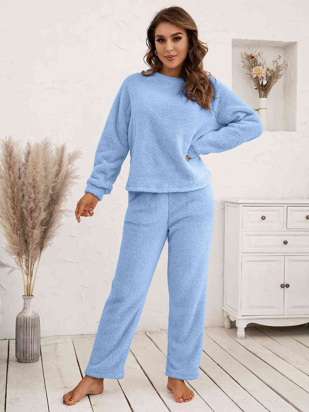 Teddy Long Sleeve Top and Pants Lounge Set (9 Colors) Loungewear Krazy Heart Designs Boutique Pastel  Blue S 