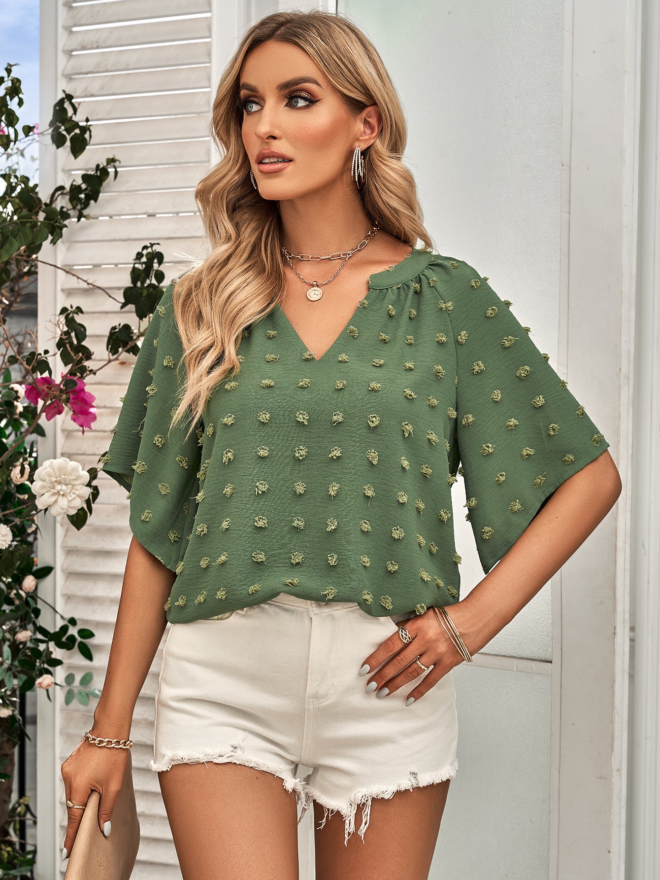 Swiss Dot Notched Neck Flare Sleeve Blouse (3 Colors)  Krazy Heart Designs Boutique Army Green S 