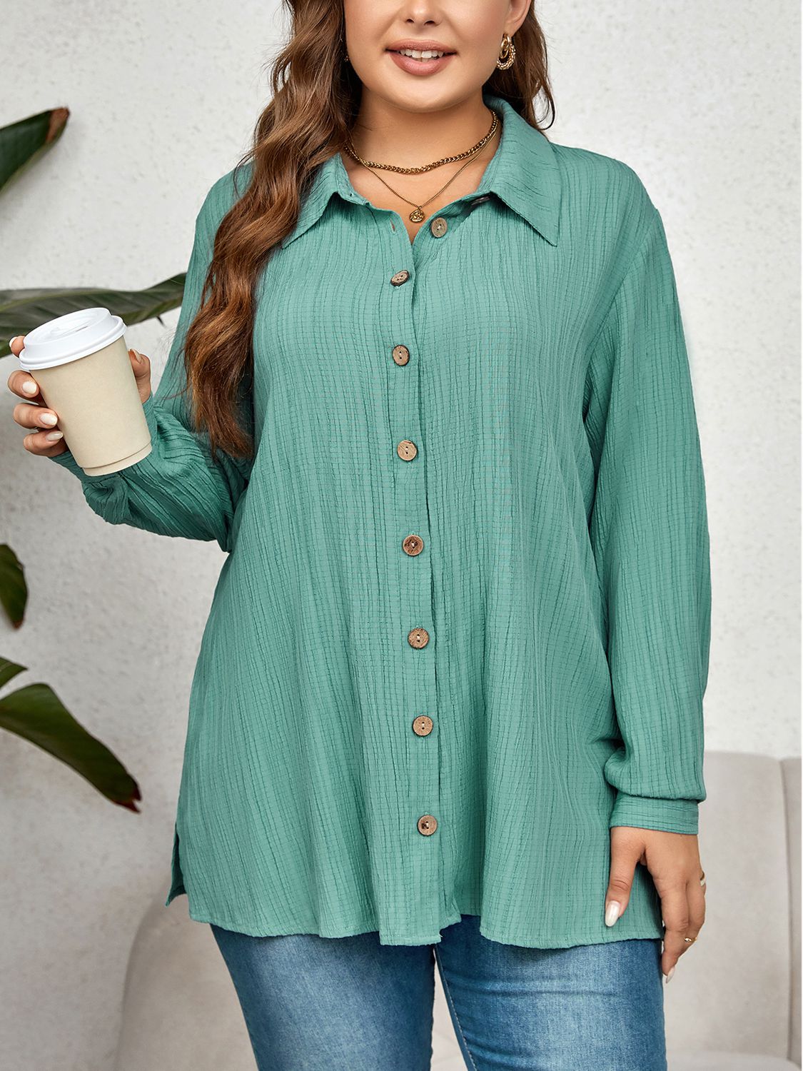 Plus Size Collared Neck Long Sleeve Shirt  Krazy Heart Designs Boutique Turquoise 1XL 